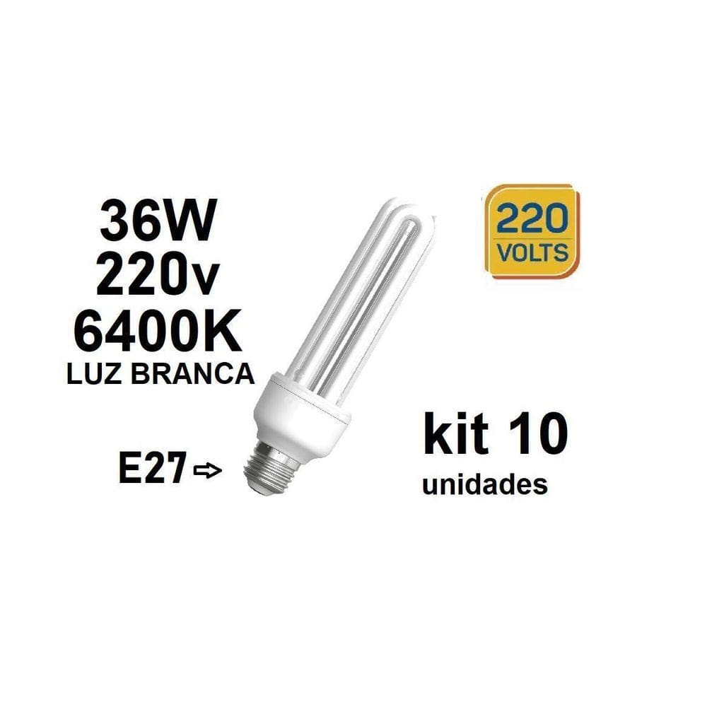 Kit 10 Lâmpada Fluorescente 36W 220V 3U 6400K E27 Luz Branca