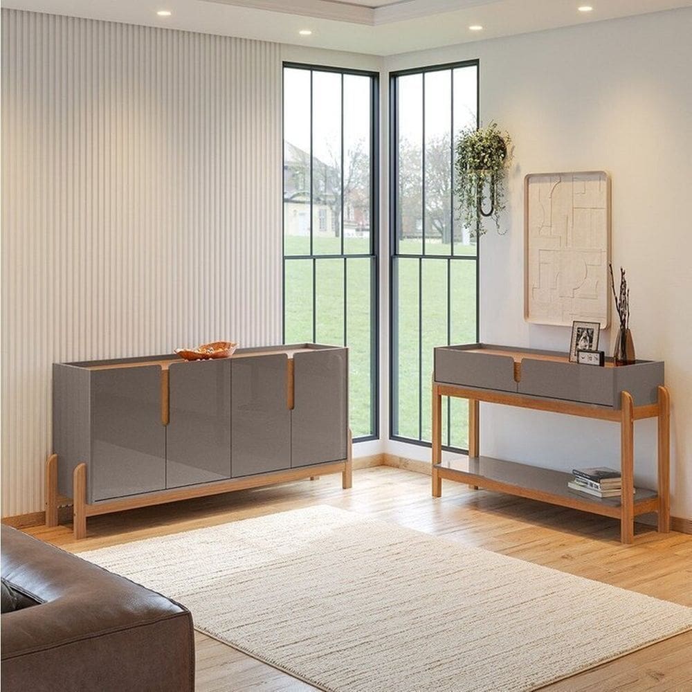 Buffet 170cm e Aparador 2 Gavetas com Pés de Madeira Maciça Lizz Cinza Perola / Cedro