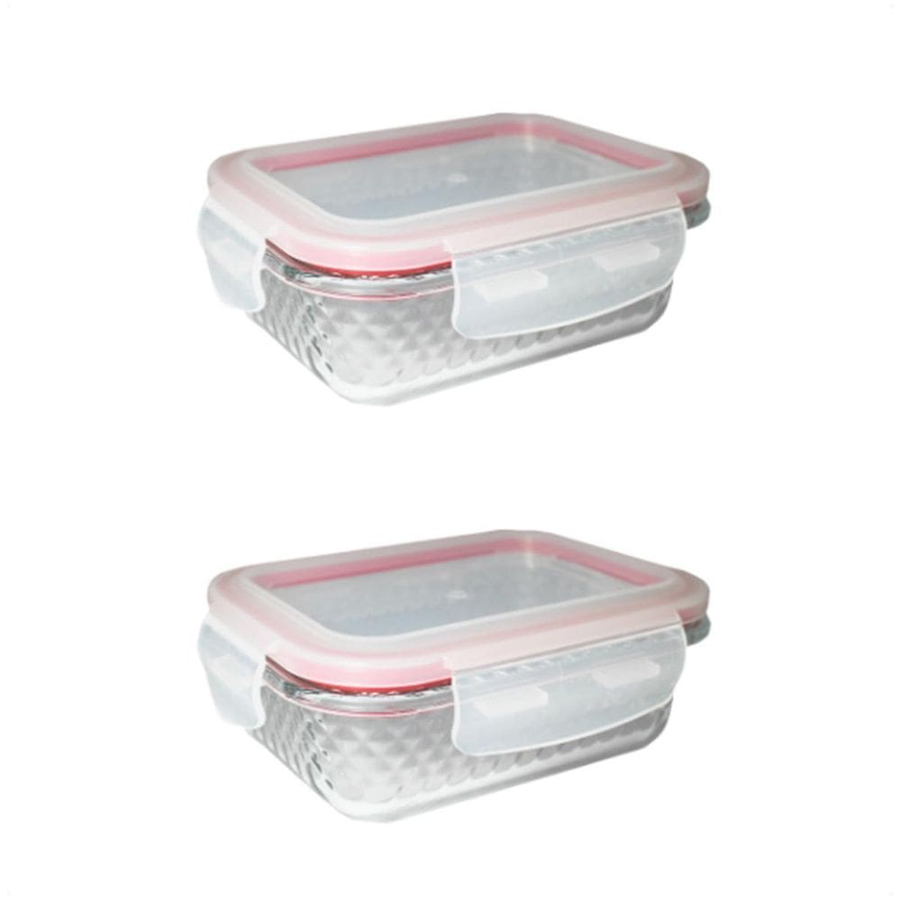 2 Potes De Vidro Diamond Retangular 370Ml Vermelho Hermético