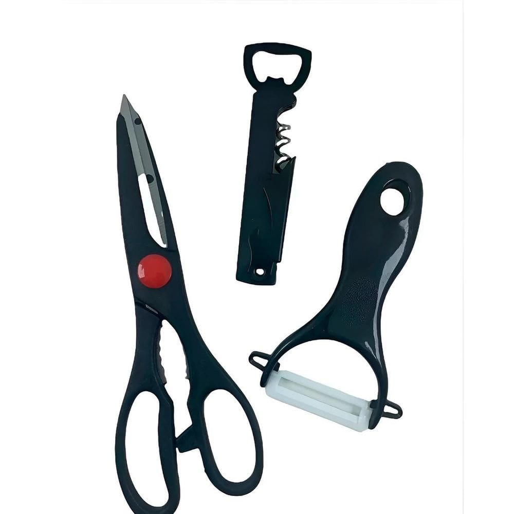 Kit Cozinha 3 Peças Tesoura Descascador Abridor Inox