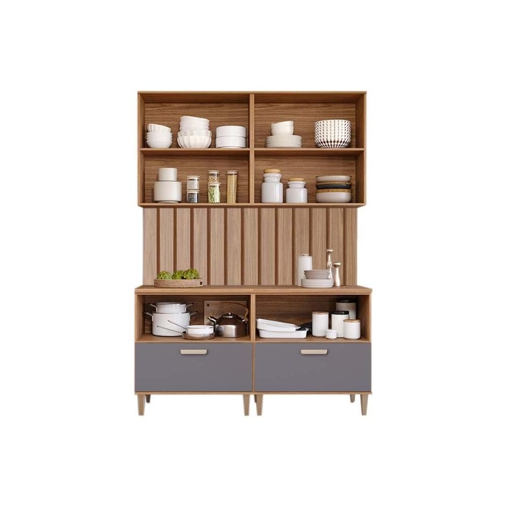 Cozinha Completa Bella 5 Peças s/ Portas (2 Armários + 2 Balcões + 1 Painel Ripado) Freijo/Titanium - MGM