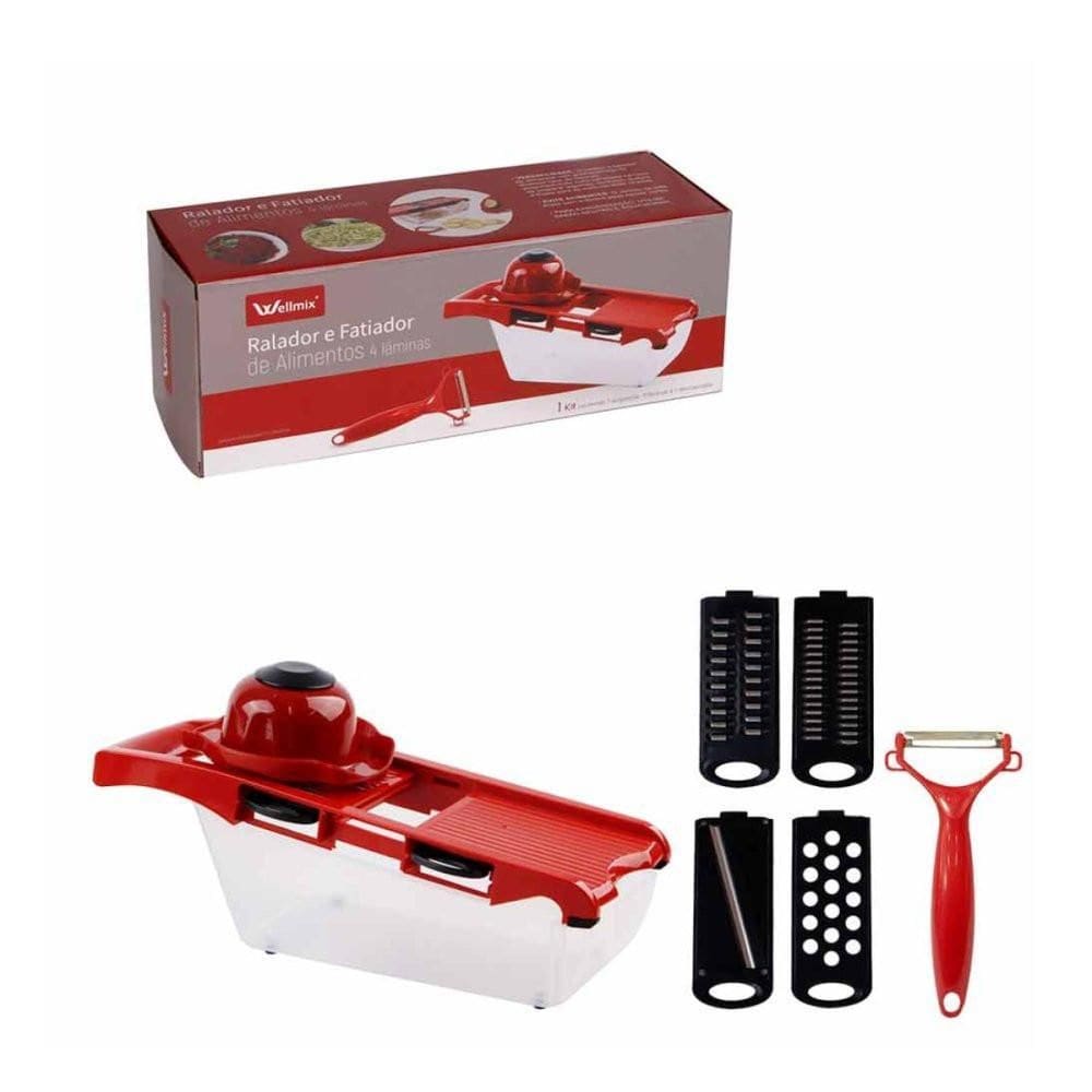 Jogo 6 Peças Ralador E Fatiador Alimentos 4 Lâminas Vermelha