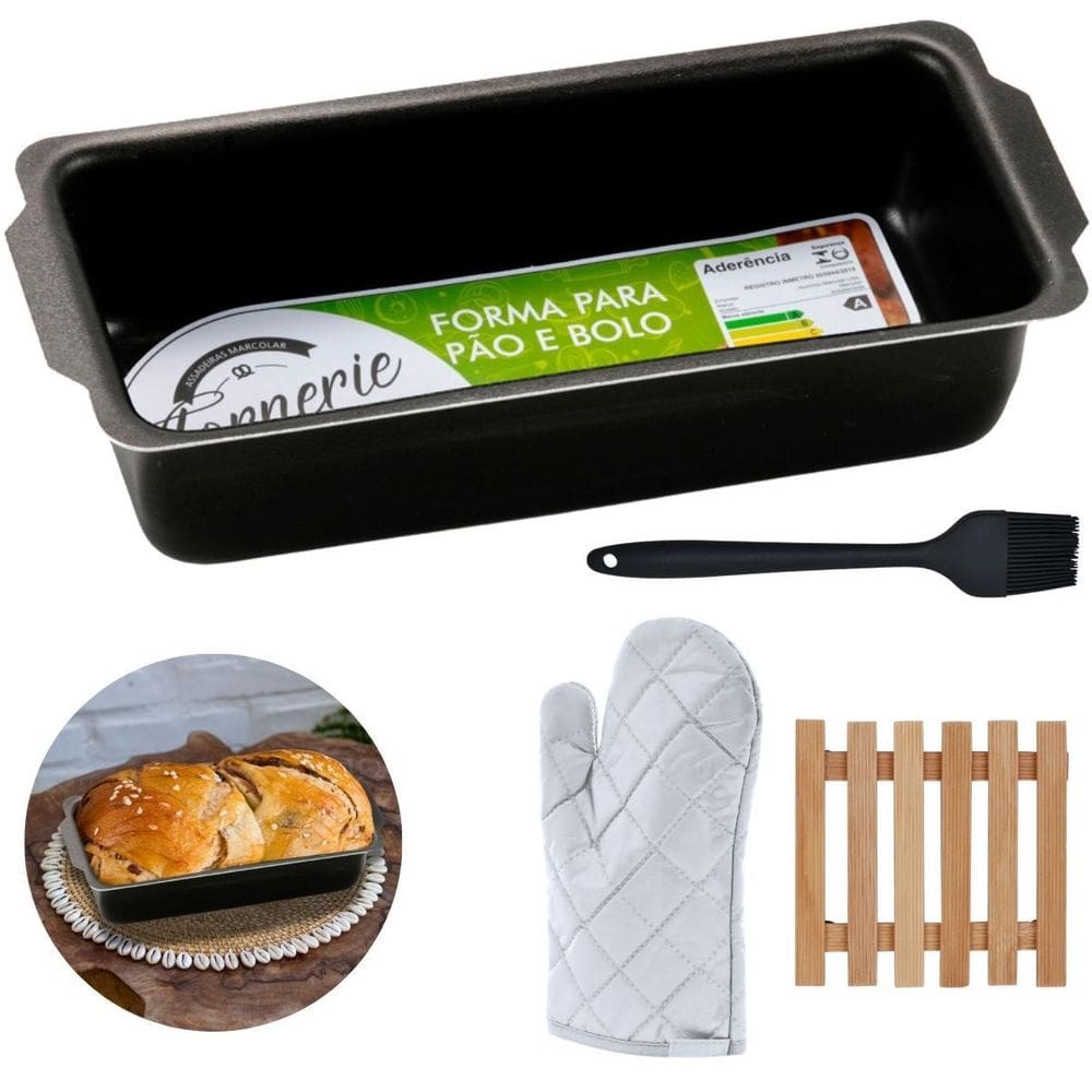 Forma De Pão Média 1,3L + Luva + Pincel + Descanso De Panela