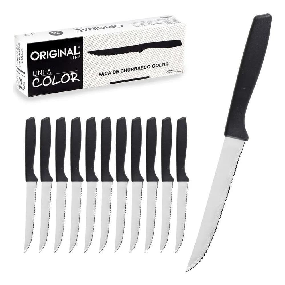 10X Jogo De Facas 12 Peças Inox Cabo Preto Mesa Churrasco