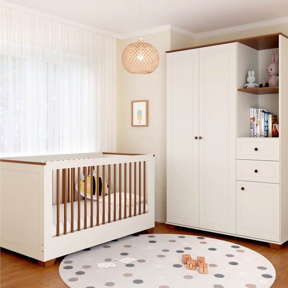 Quarto de Bebê Completo Berço Evolutivo e Guarda-roupa Ananda Casatema Madeiraoriginals Off White/Mel