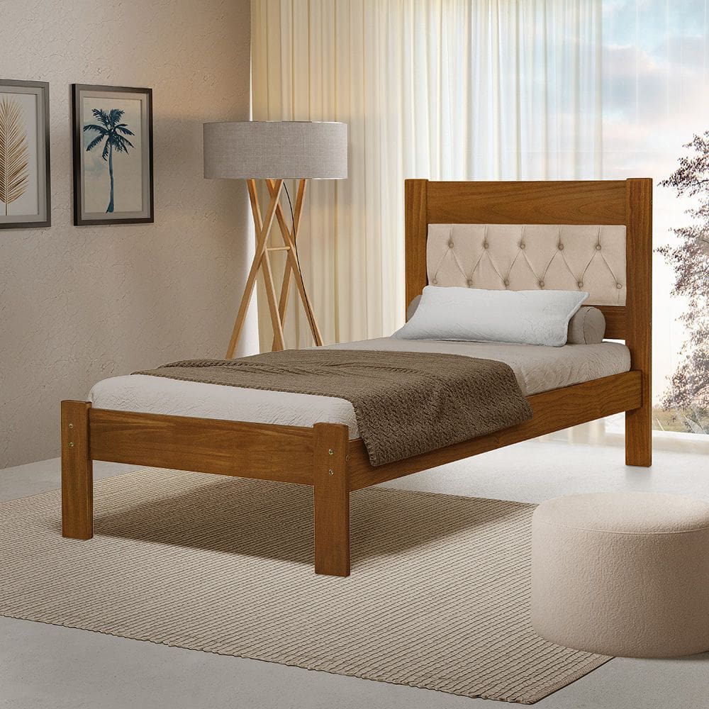 Cama de Solteiro de Madeira Castanho Viena com Cabeceira Estofada Veludo Bege