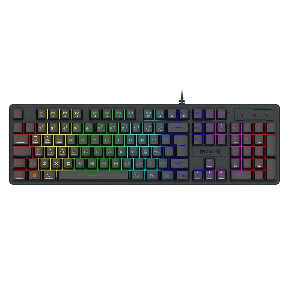 Teclado Membrana Gamer Redragon Netherbane Rainbow Full Size Preto - K521-R