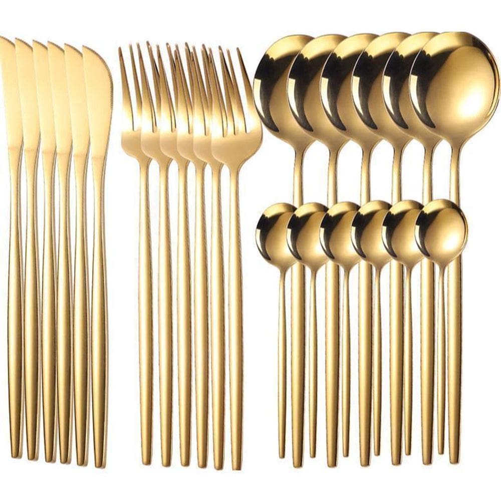 24 Talheres Dourados De Aço Inox Garfo,Colher,Faca E Colher