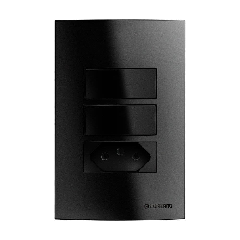 Interruptor Soprano Brava Up 2 Teclas Simples - +1 Tomada 2P+T 10A 250V Preto