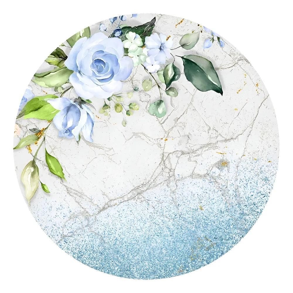 Painel Festa Redondo Sublimado 3D Tecido C Flores Mármore Az