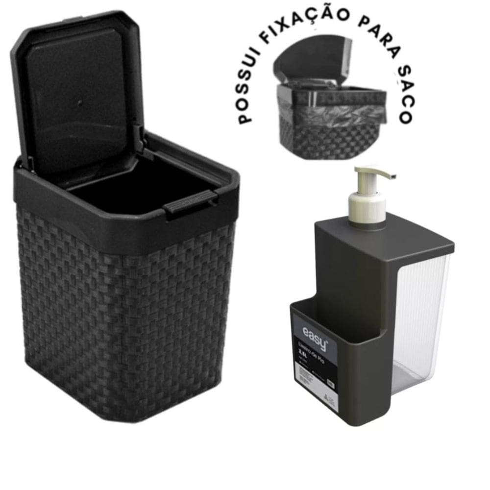 Kit Dispenser 500Ml E Lixeira De Pia Com Tampa Click 5 Lts