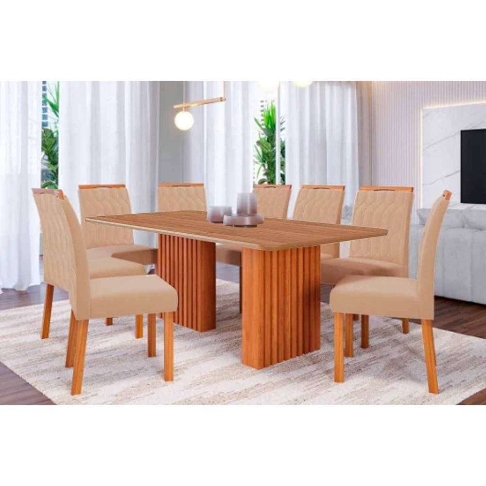 Conjunto: Mesa Sala Jantar Ester Tampo Madeirado 210x100cm e 8 Cadeiras Paola Cinamomo - Carvalho/Linho Bege - Cimol