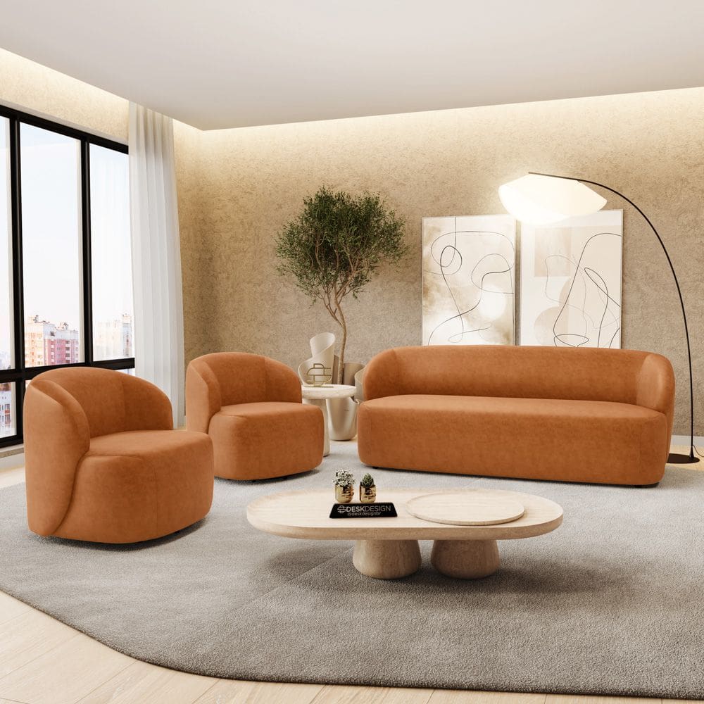 Kit 02 Poltronas Giratória e 01 Sofá Orgânico Leez 205cm 03 Lugares Couríssimo Caramelo - Desk Design