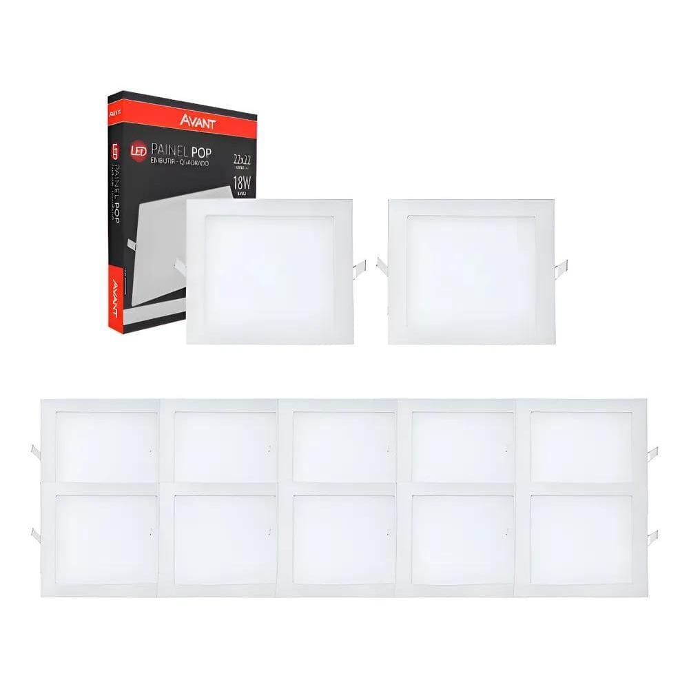 Kit 10 Plafon De Embutir 22X22 18W 6500K Luz Branca Quadrado