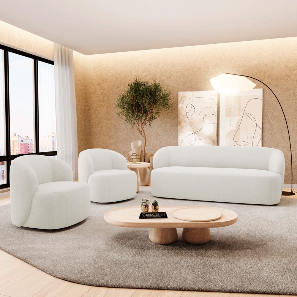Kit 02 Poltronas Giratória e 01 Sofá Orgânico Leez 205cm 03 Lugares Bouclê Off White - Desk Design