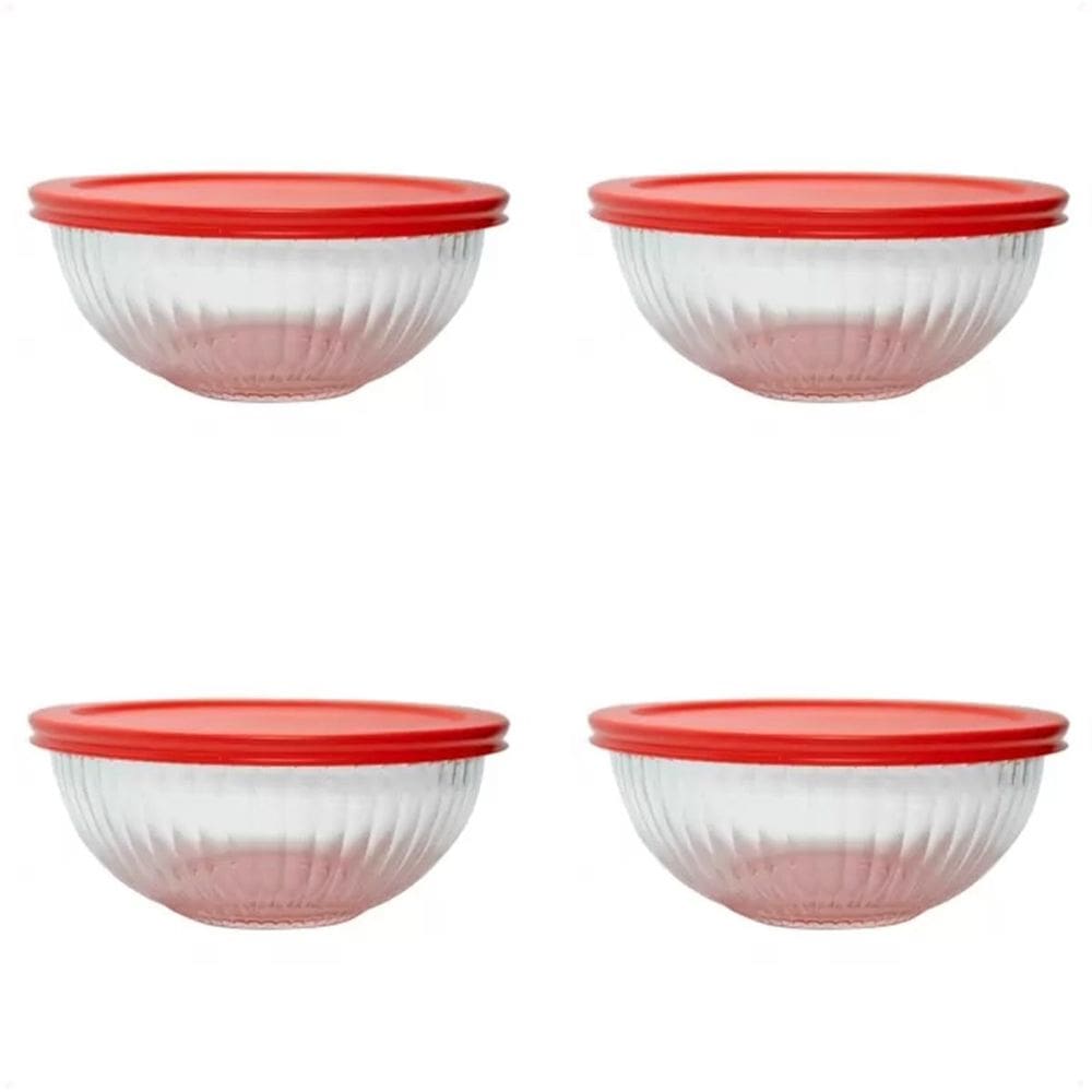 4 Tigelas Vidro Canelada Com Tampa Vermelha 1000Ml