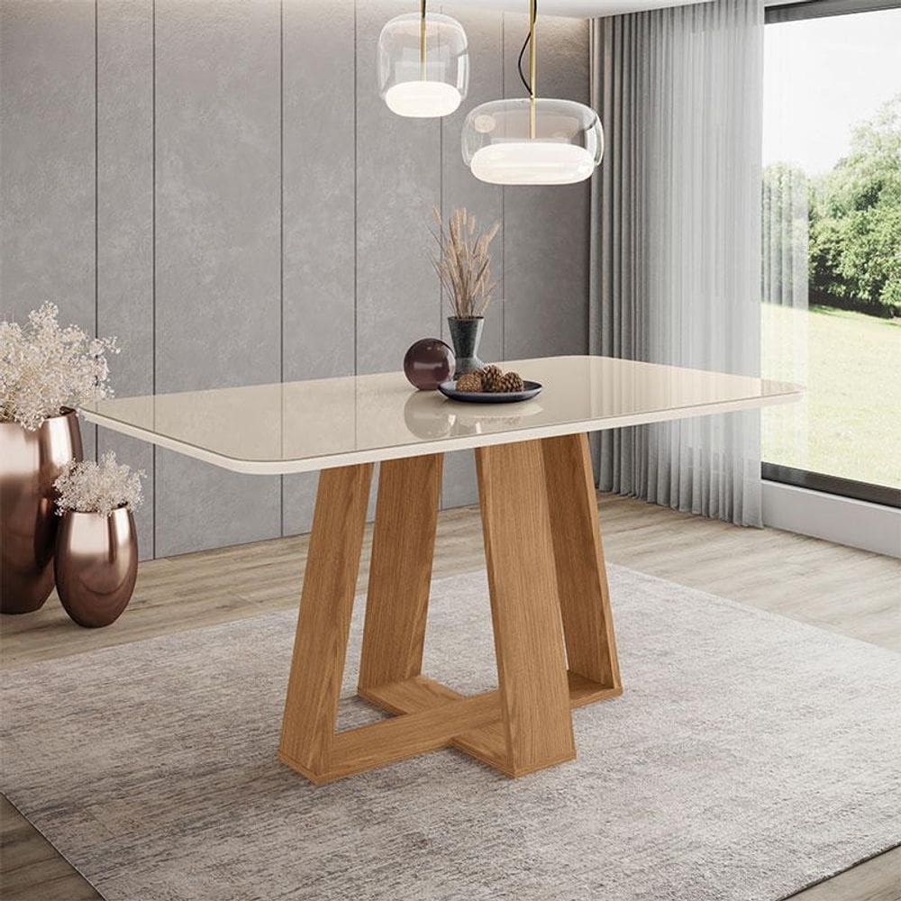 Mesa de Jantar Lins 160 cm Canto Arredondado com Vidro Ambiente Nature Off White - Henn