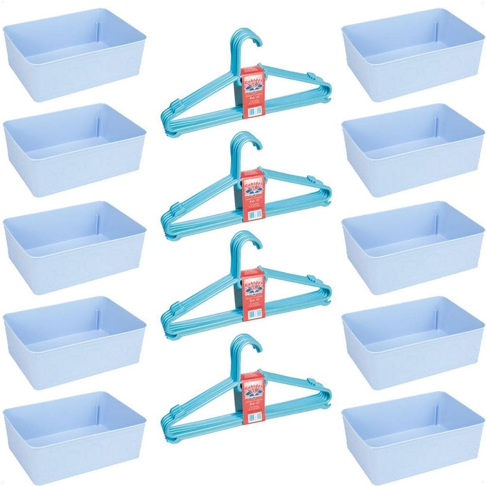 Kit 10 Cestos Multiuso E 20 Cabides Infantil Reforçado Azul