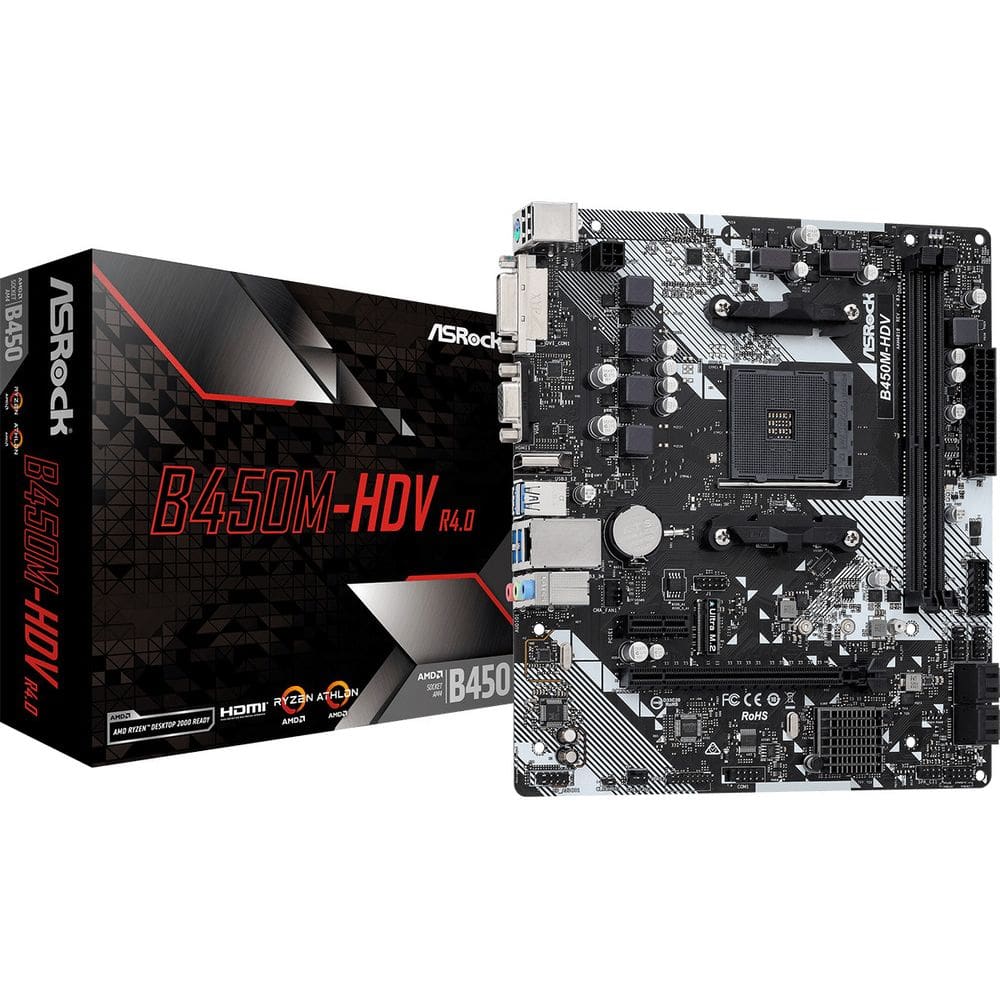 Placa Mãe ASROCK AM4 B450M-HDV R4.0 M-ATX 2XDDR4 DIMM 64GB 2XUSB2.0 4XUSB3.1 HDMI/DVI-D/D-SUB 1XM.2 Rede Giga