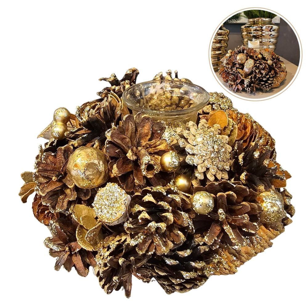 Castiçal Natalino Pinhas Dourado Para 1 Vela Decoração Natal