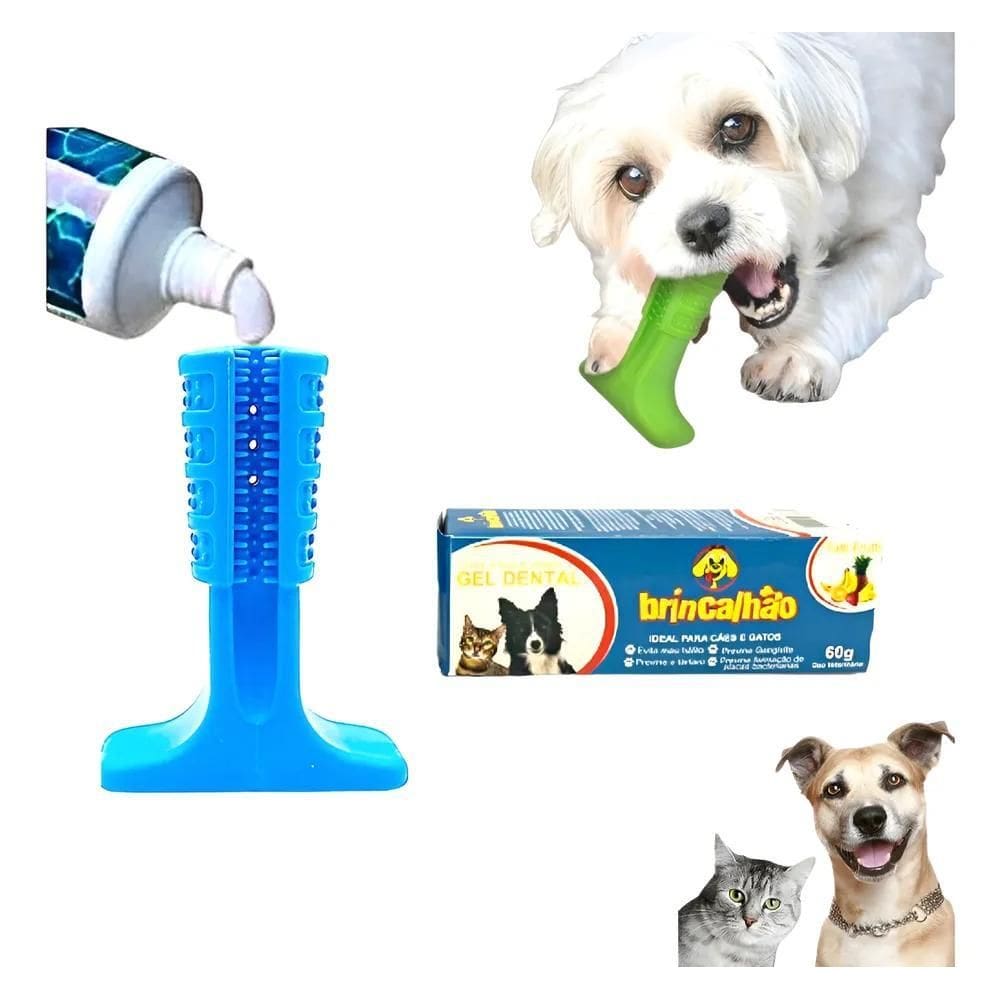 Mordedor Brinquedo Escova De Dente Cachorro + Gel Den Cor Az
