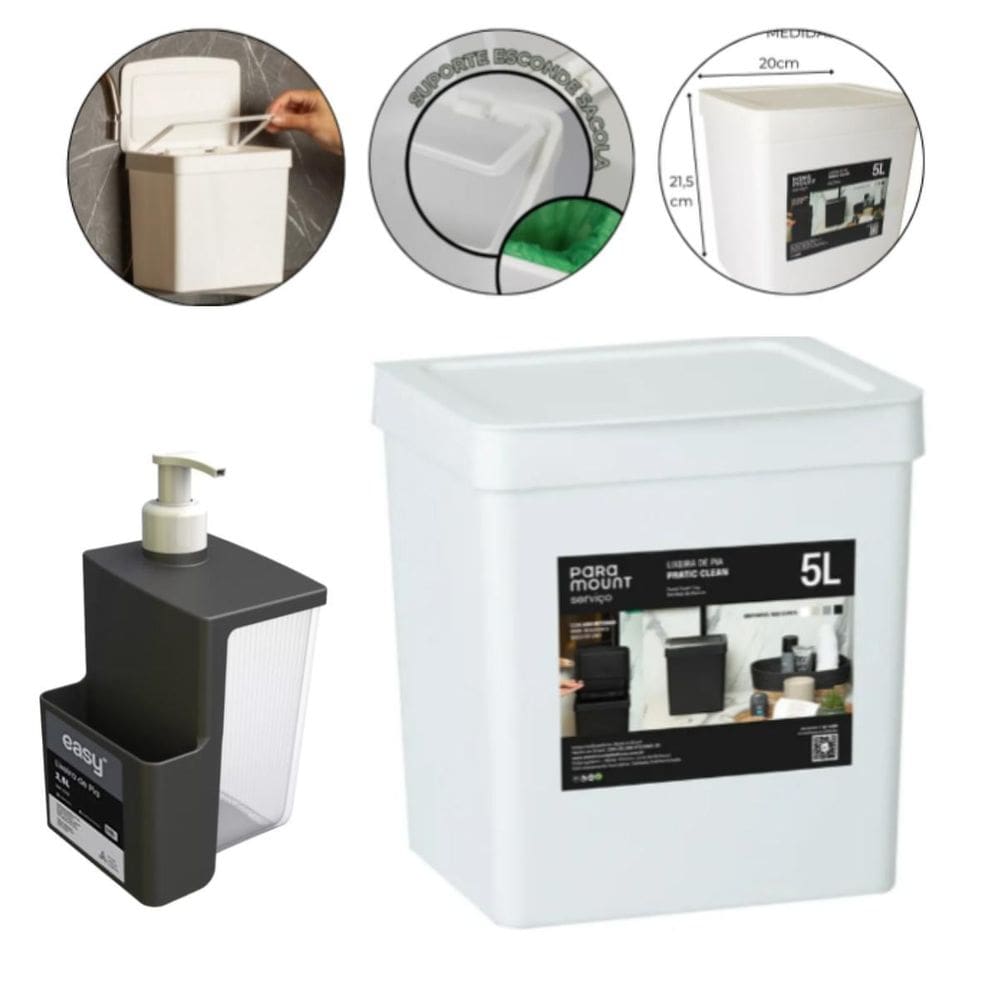 Kit Dispenser 500Ml E Lixeira De Pia Cozinha 5 Litros Branca