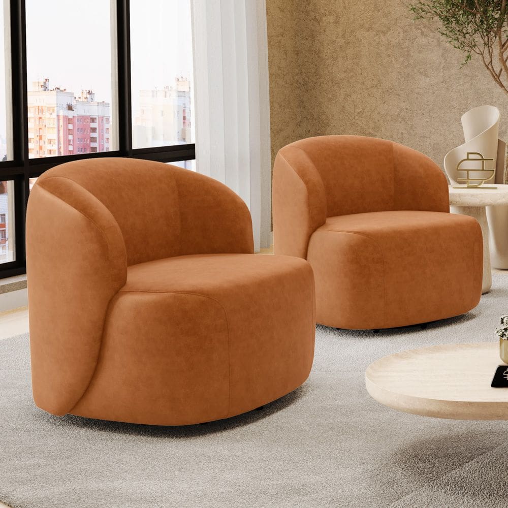 Kit 02 Poltronas Decorativas Orgânicas Living Leez Giratória Couríssimo Caramelo - Desk Design