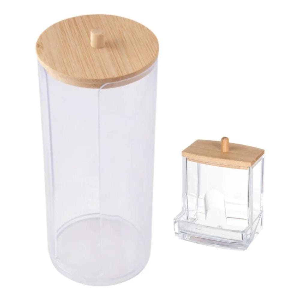 2X Organizador Disco Algodão E Cotonetes Acrílico Tampa Bamb