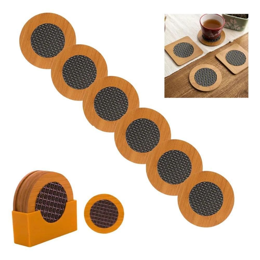 3X Jogo De Porta Copos Bambu 6 Peças E Suporte