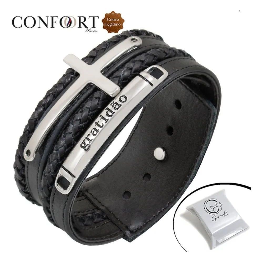 Pulseira Bracelete Couro Cruz Jesus Religiosa Fé Mas Gratidã