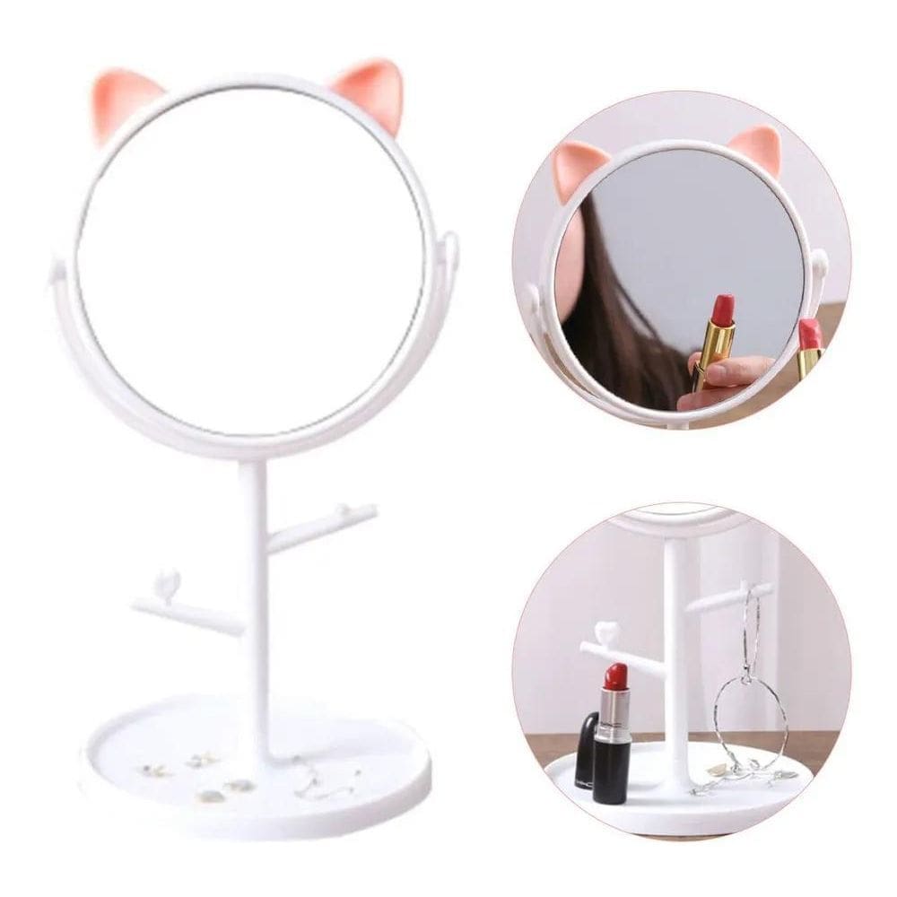 2X Espelho Mesa Gatinho Com Porta Maquiagem Bijuteria Cosmét