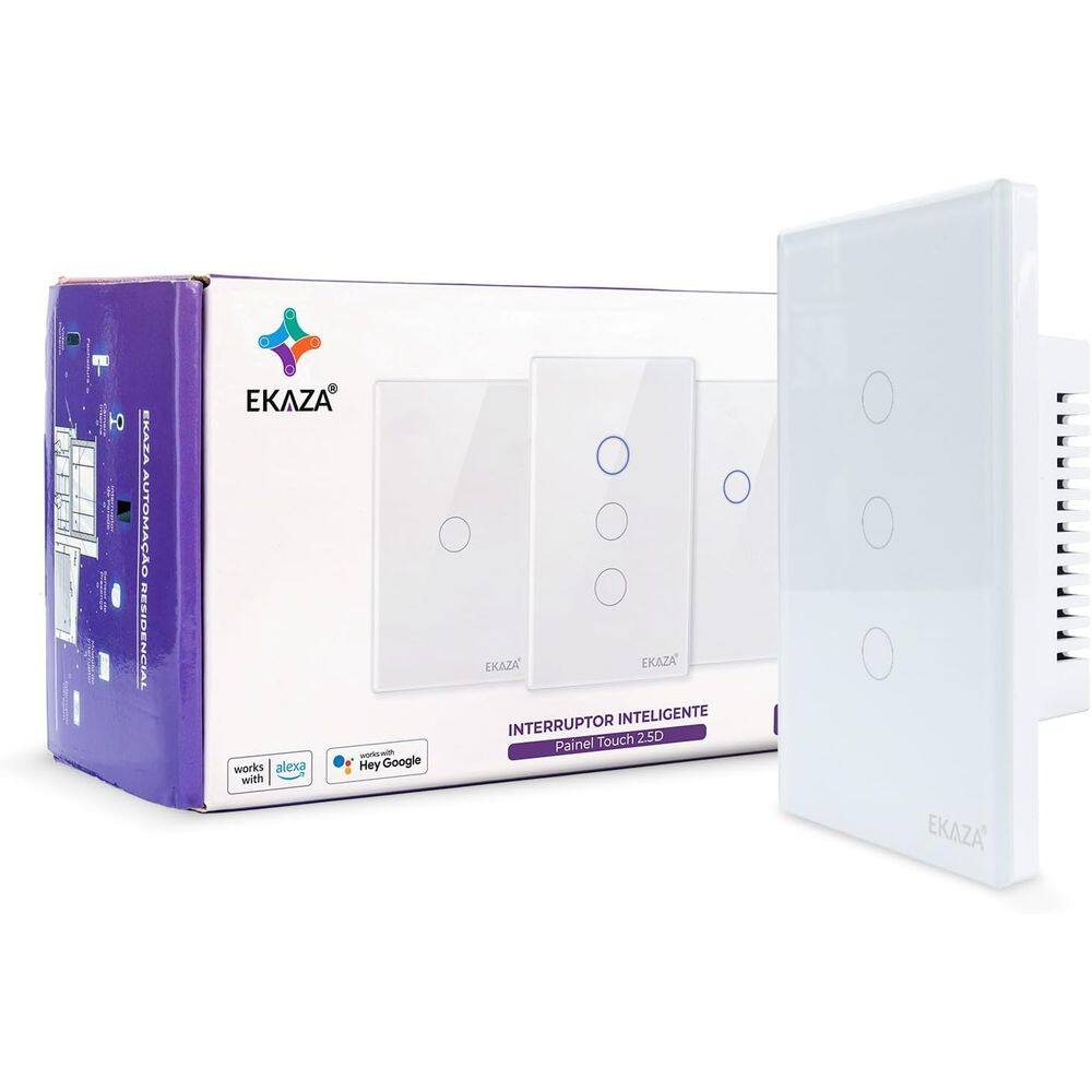 Interruptor Inteligente Wi-F 3 Botões 4x2 Branco Google home e Alexa EKAZA EKAT-T307-3W