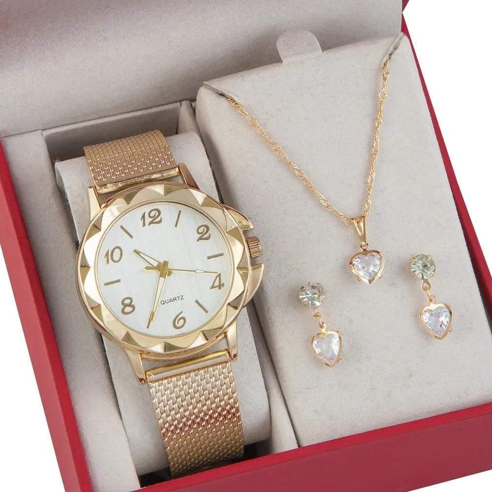 Relógio Feminino+ Colar Pingente Brincos Fo Rose-Vermelho Ro