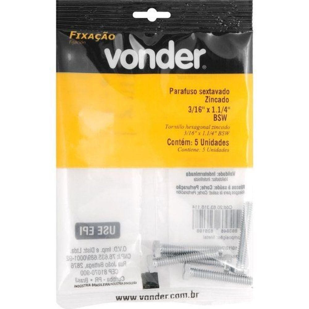 Parafuso Sextavado Zincado 3-16``x1.1-4`` Bsw 5 Peças Vonder