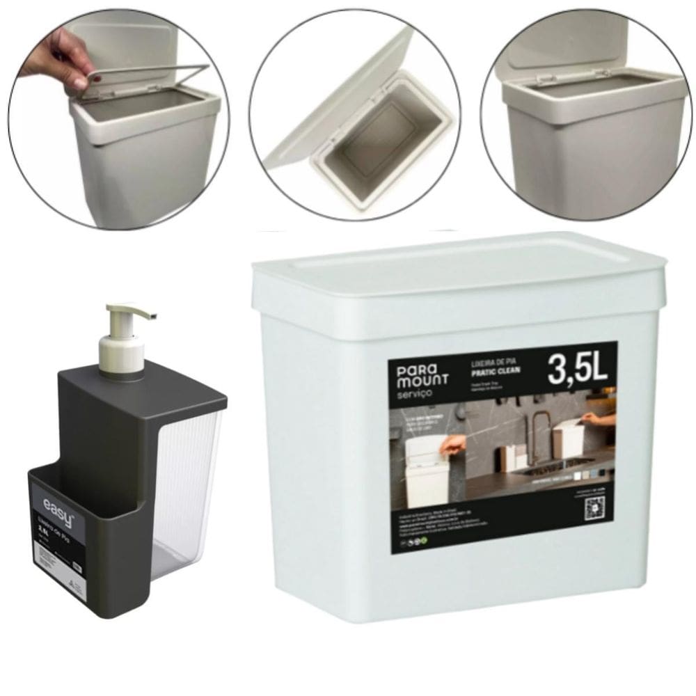 Kit Dispenser 500Ml E Lixeira Pia De Cozinha Fly 3,5 Lts