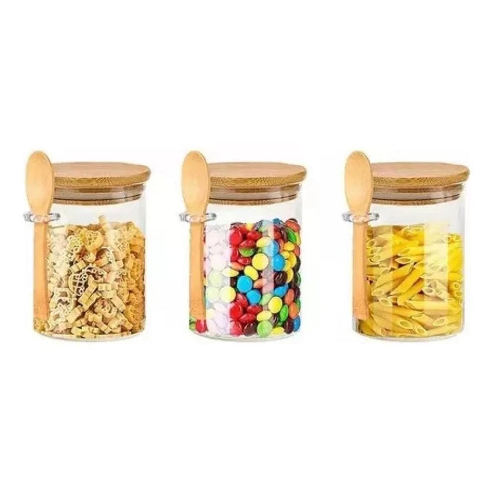 Kit 3 Potes De Vidro Com Tampa E Colher De Bambu Cor Transpa