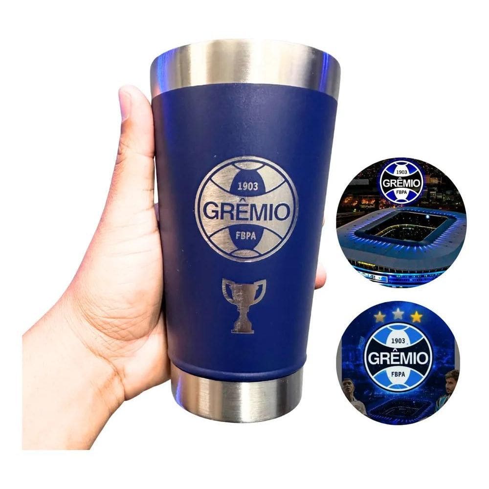 2X Copo Térmico 500 Ml Cerveja Com Tampa Aço Inox Gremio Fc
