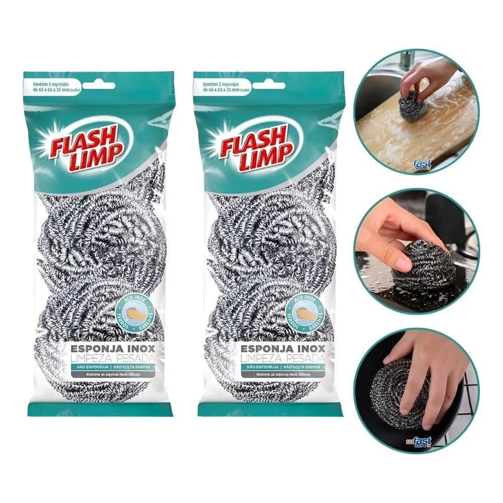 Kit Esponja Palha De Aço Inox Para Limpeza Pesada 6 Esponjas