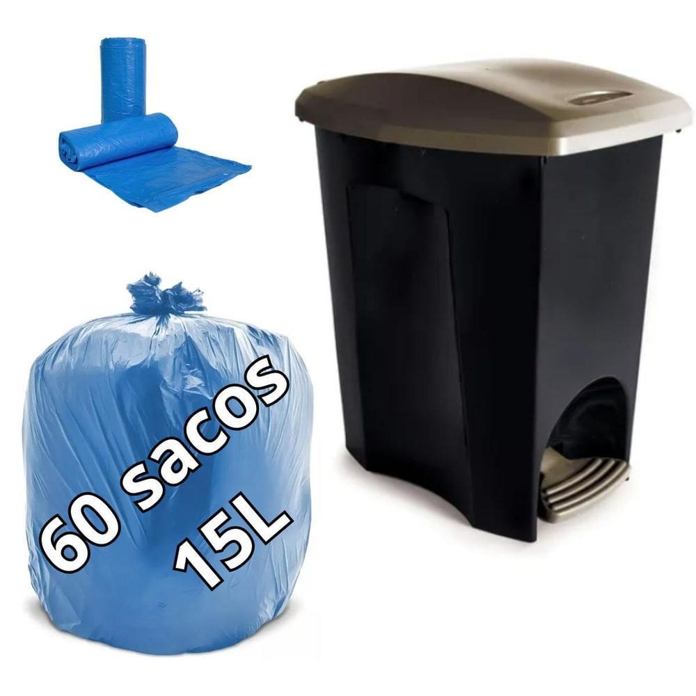 Lixeira De Plástico Com Pedal 14L + 60Un Saco De Lixo Azul