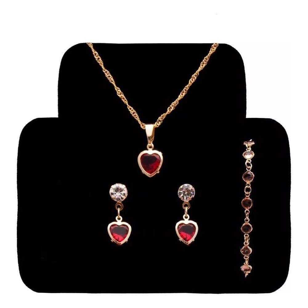 Corrente Feminina+ Pulseira+ Brinco Folheado A Ouro P Vermel