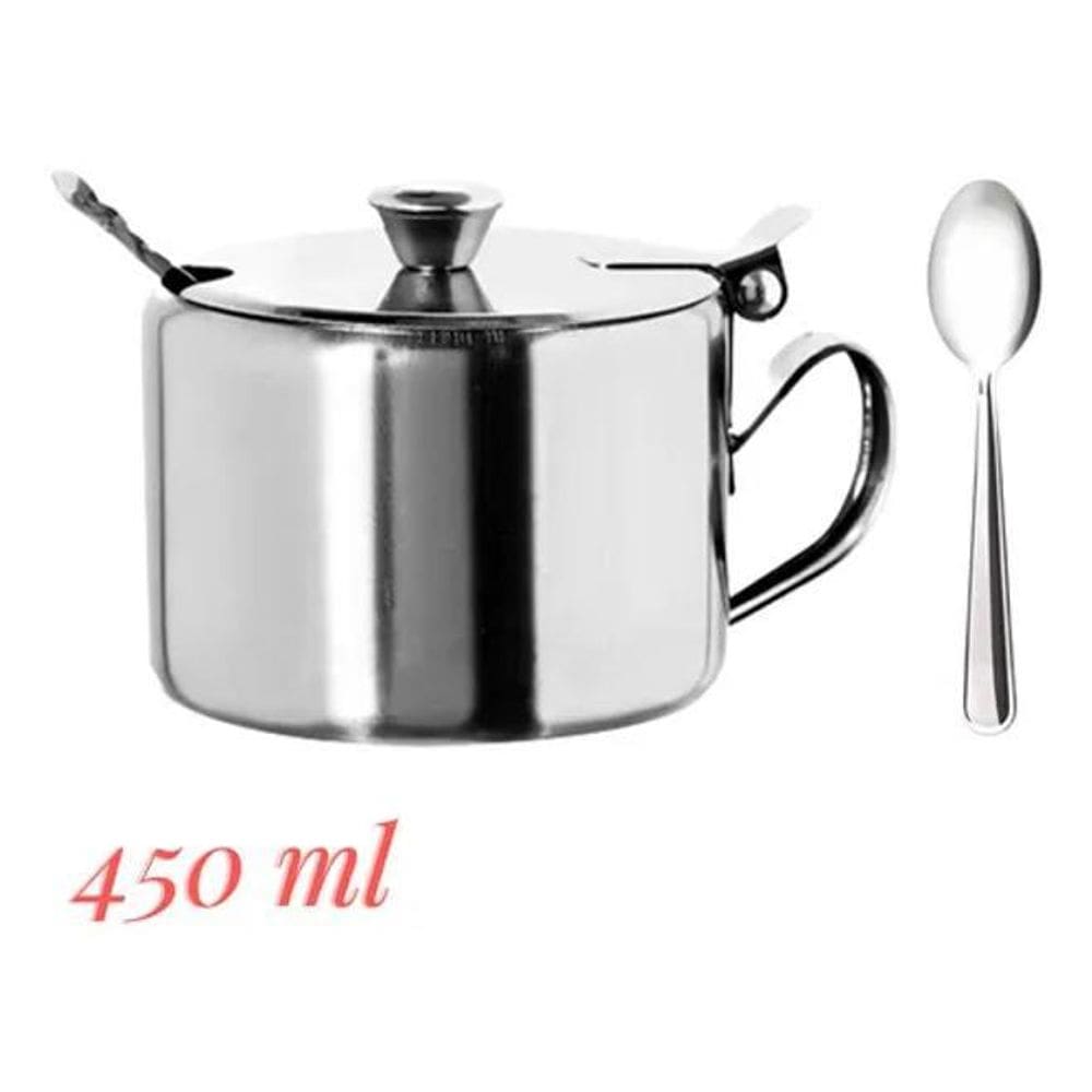 2X Açucareiro Inox Com Tampa Colher Pote Açucar 450Ml Premiu