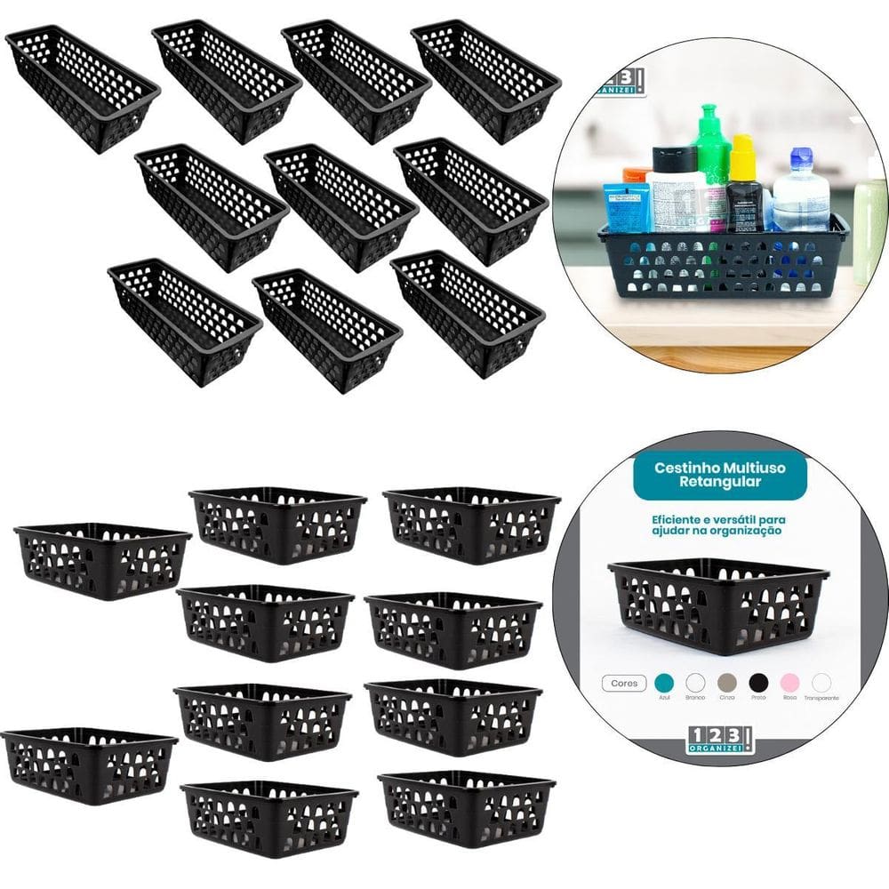 Kit 10 Cesto Multiuso Comprido Retangular E 10 Cesto Médio