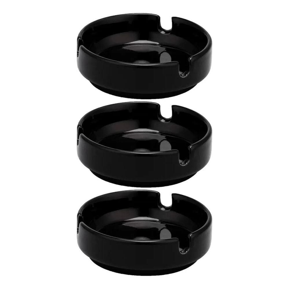 10X Kit 3 Cinzeiro Porcelana Preto Cinzeiros Redondo Liso H