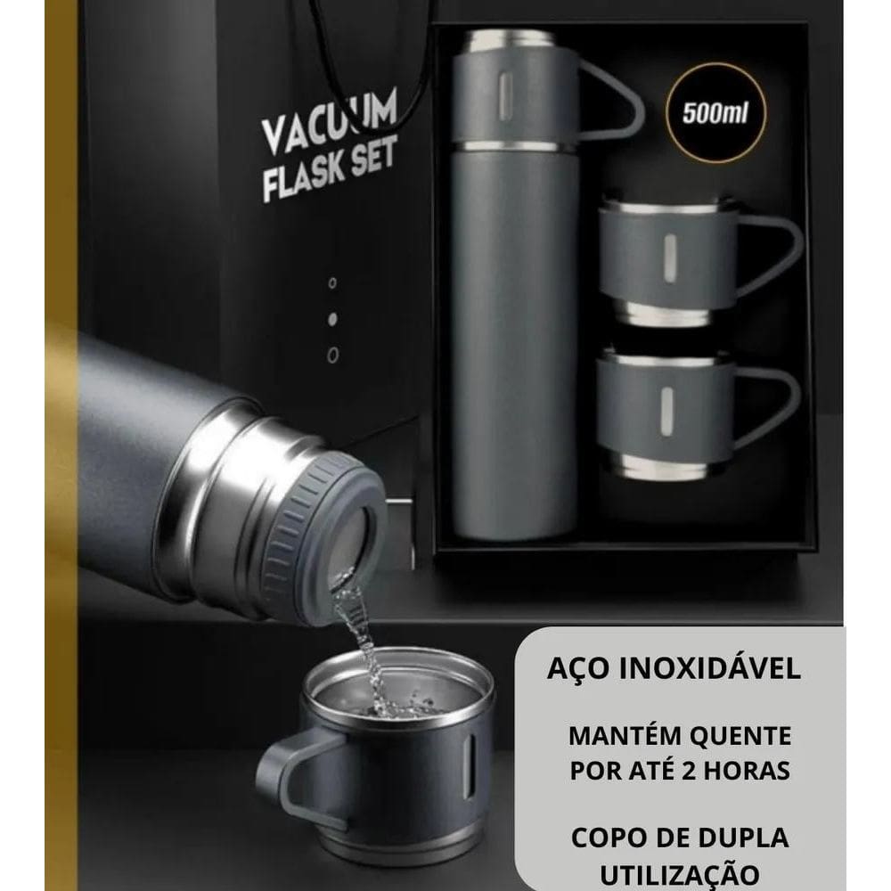 Garrafa Térmica Em Inox Com 3 Xícara Bebidas Quentes E Frias