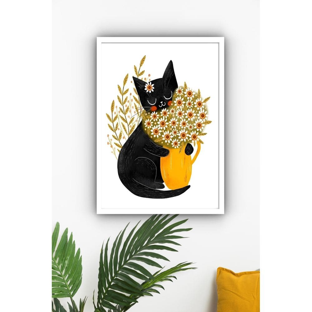 Quadro Decorativo Gatinha Preta Vaso Flores - 70X50Cm