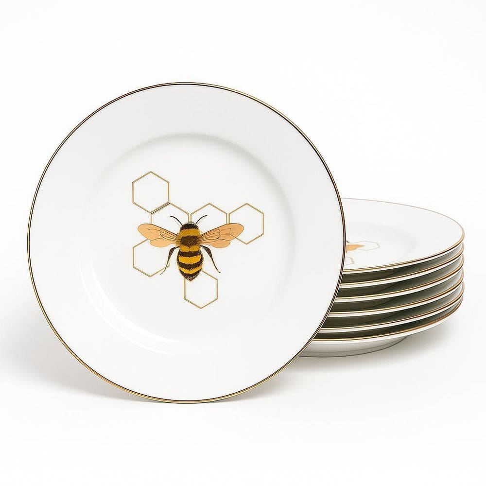 Jogo De Prato Sobremesa 19Cm Kit 4Pçs Abelha Porcelana