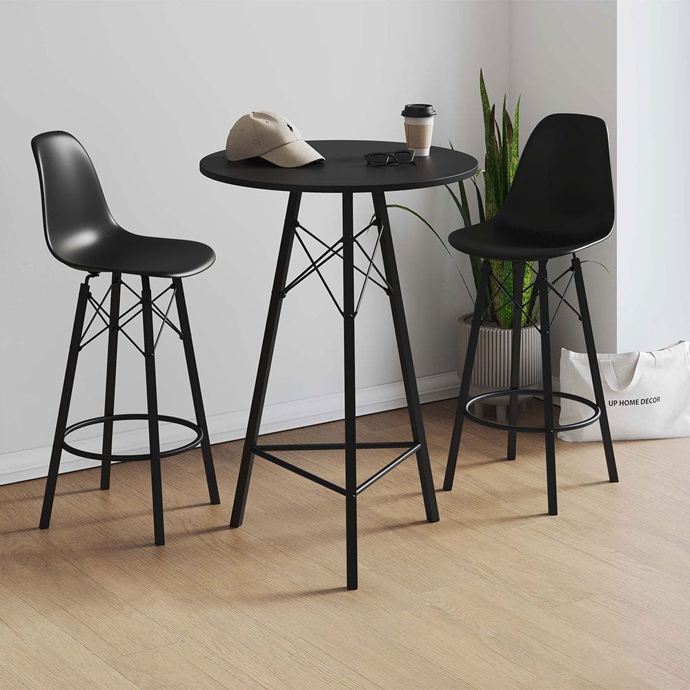 Conjunto Mesa Bistrô Redonda Estrutura em Ferro Preto com Tampo Preto com 2 Banquetas Eames Preta