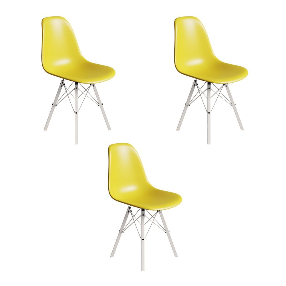 Conjunto 3 Cadeiras Eames Estilo Moderno em Ferro Branco com Assento Amarelo
