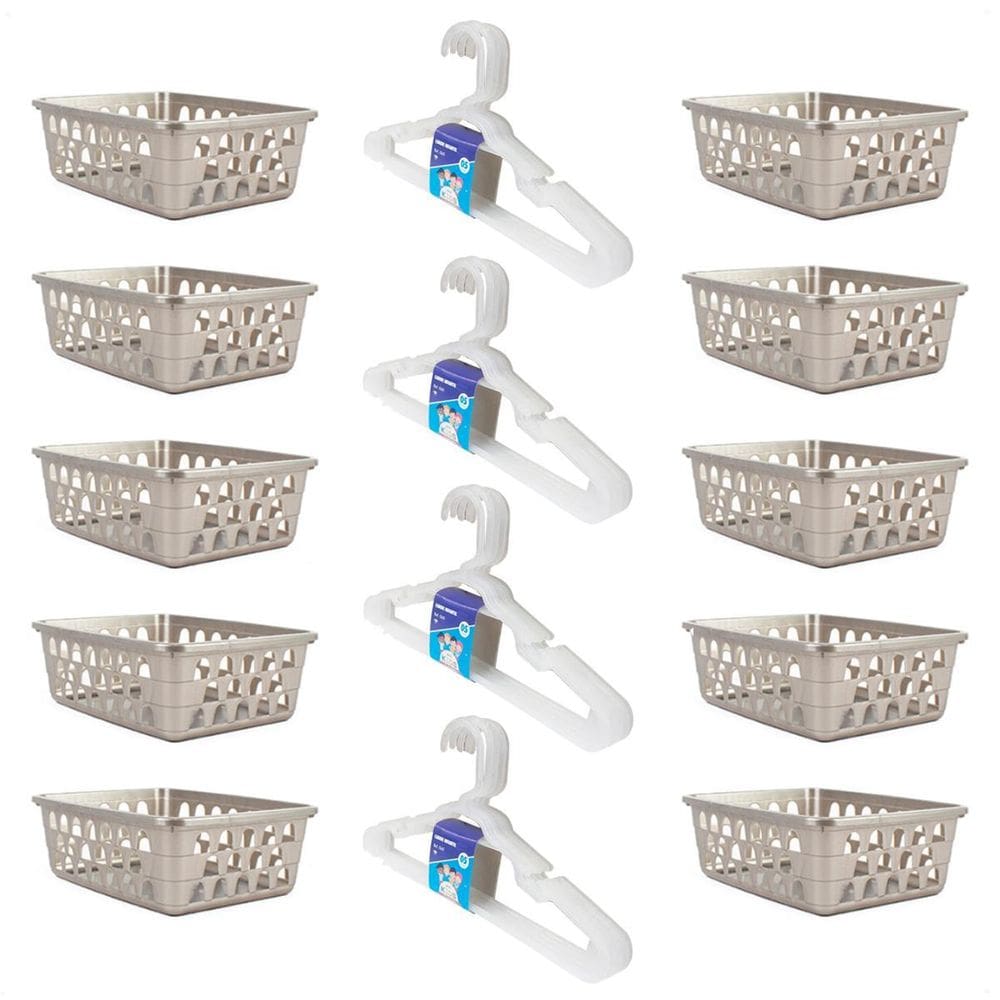 Kit 10 Cestos 16X12X6Cm Cinza + 20 Cabides Infantis