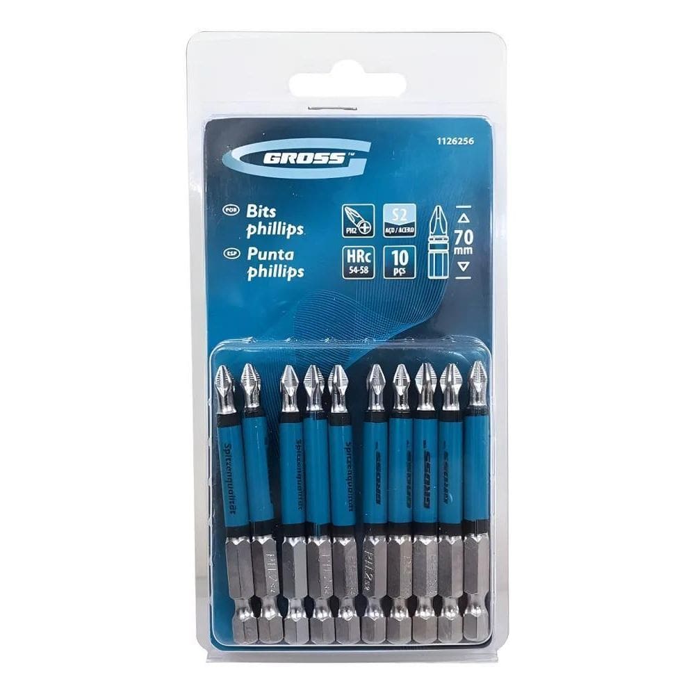 Ponta Bits Ph2 70Mm Magnética Aço S2 Kit 10 Peças Gross